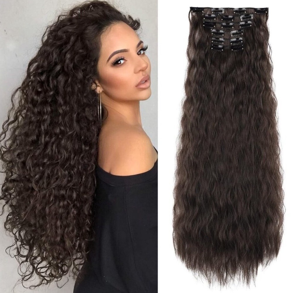 6PCS Clip In Hair Extensions 24" Black Brown Hair Extension Long Mermaid Waves